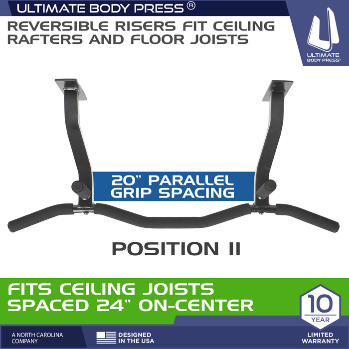 Ceiling Mounted Pull Up Bar with Patented Reversible Risers for 16 and 24 Inch Joists