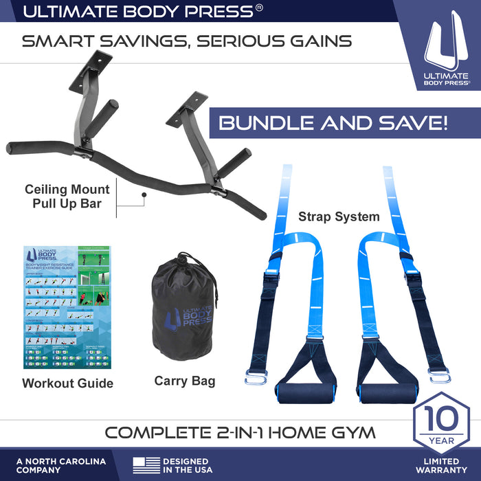 Ceiling Mount Pull Up Bar With Reversible Risers and Strap System