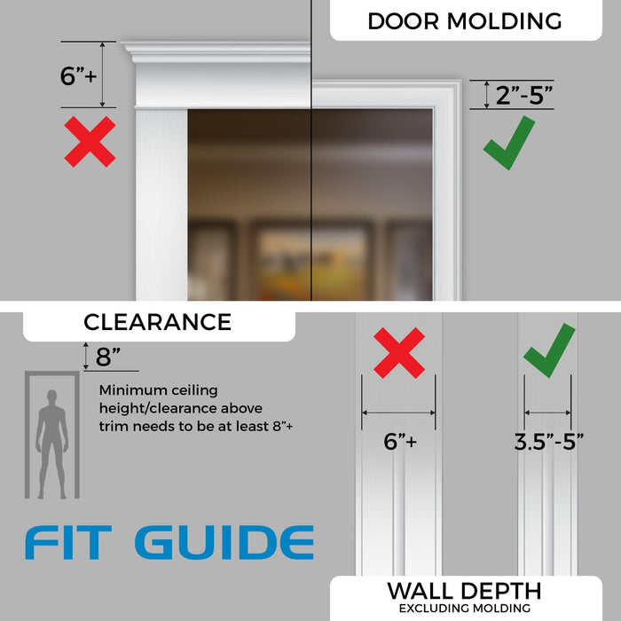 Pull-up bar fit guide illustrating required doorway dimensions: door molding 6 inches or less, ideal clearance 2 to 5 inches, minimum ceiling height above trim 8 inches, and wall depth 3.5 to 5 inches.