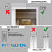 Pull-up bar fit guide illustrating required doorway dimensions: door molding 6 inches or less, ideal clearance 2 to 5 inches, minimum ceiling height above trim 8 inches, and wall depth 3.5 to 5 inches.