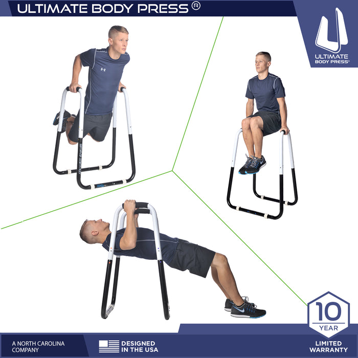 Image demonstrating the versatility of the Dip Bar Fitness Station, showing a user performing tricep dips, bodyweight rows, and knee raises for a full-body workout