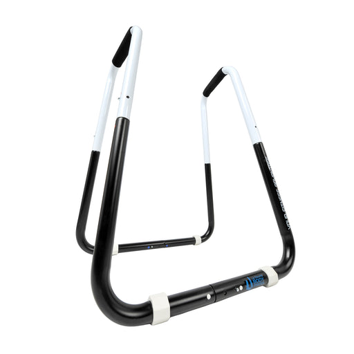 A black and white dip bar fitness station with angled grips and a folding frame, designed for various bodyweight exercises.