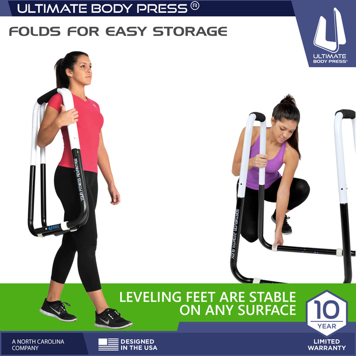 Sydney demonstrates the Dip Bar Fitness Station's adjustable leveling feet for stability on uneven surfaces, and how the folding frame allows for easy transport and compact storage.