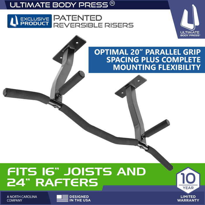 Diagram of the Ceiling Mount Pull Up Bar highlighting the Patented Reversible Risers for complete mounting flexibility to fit 16-inch joists and 24-inch rafters, alongside the optimal 20-inch parallel grip spacing