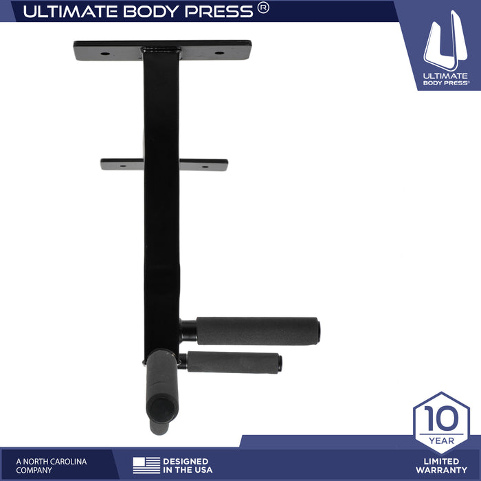 Side view of the Ceiling Mounted Pull Up Bar demonstrating the 14-inch riser drop from the ceiling and the placement/length of the 7-inch handles.