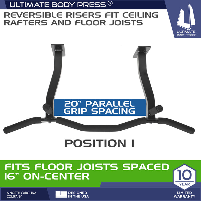Ceiling Mounted Pull Up Bar diagram showing Position 1 of the reversible risers to fit floor joists spaced 16 inches on center, also illustrating the 20-inch parallel grip spacing.