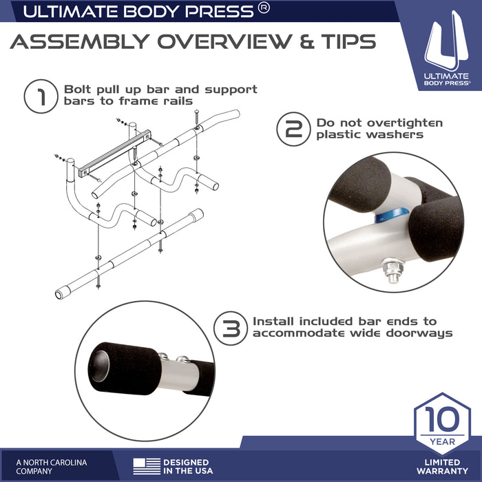 Assembly overview and tips for the XL Pull Up Bar: Connect pull up bar and support bars to frame rails, remember not to over tighten plastic washers, and install included bar ends to accommodate wide doors.